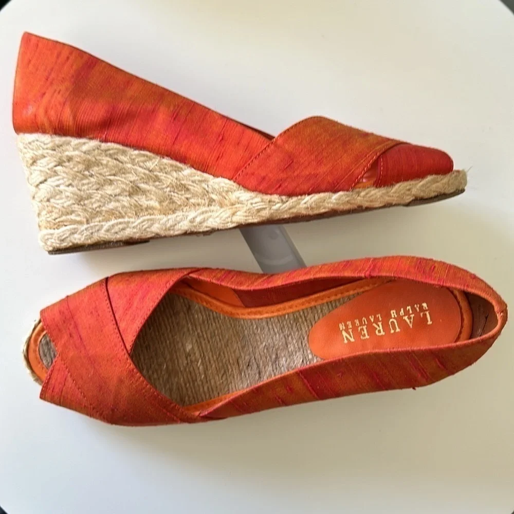 Lauren Ralph Lauren Silk Open Toe Espadrille  Iridescent Orange & Gold Size 8.5